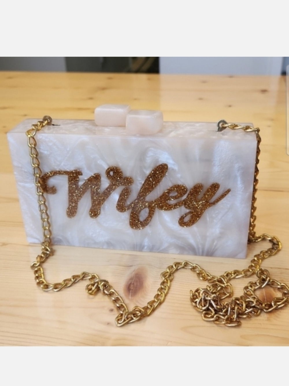 LULU NYC Wifey Acrylic Clutch Purse Gold Chain Strap
